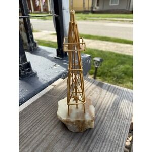 Vintage John DeMott Gold Plated Wire oil Rig Derrick on Onyx base signed